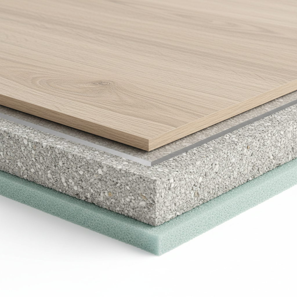 A detailed, close-up cross-section view of SPC (Stone Plastic Composite) flooring, showing each distinct layer clearly. The core layer should be prominent, appearing dense and composed of crushed stone and polymer particles. The decor layer should have a realistic light oak wood grain texture. Other layers like UV coating, wear layer, and an optional underlayment (IXPE foam) should also be visible. The image should be well-lit, with clear focus and high resolution, demonstrating the material's structural integrity. Style: Photo Realistic (สมจริง)