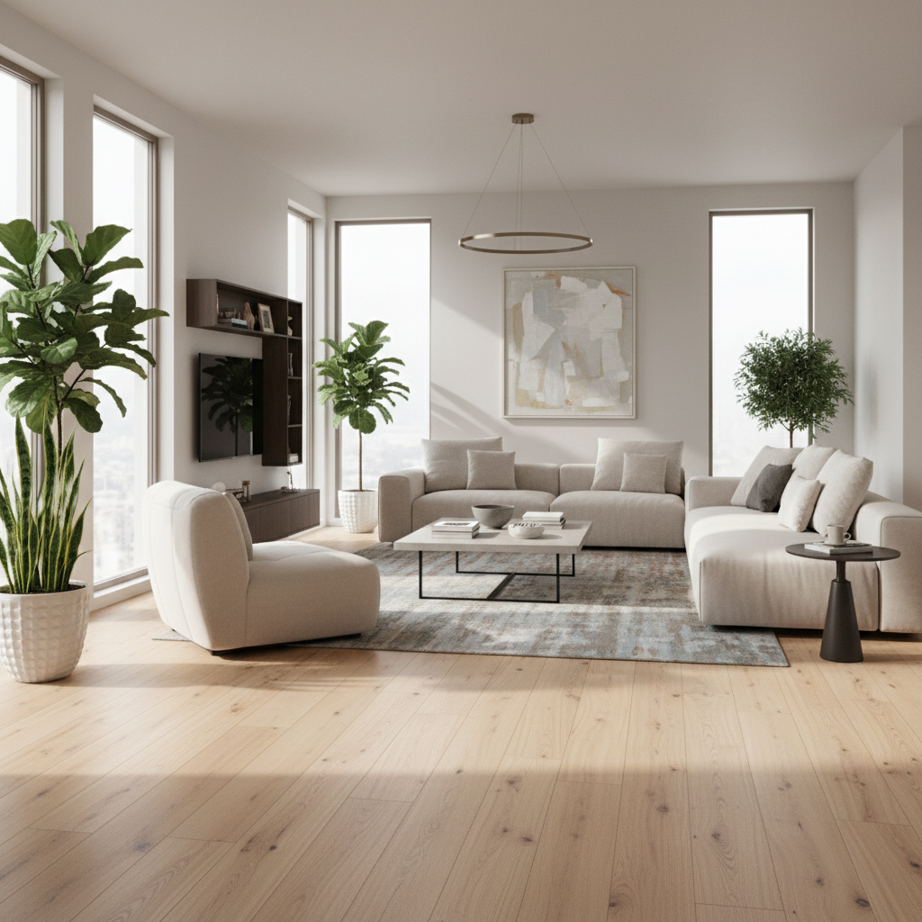 A modern living room with light oak SPC flooring. The room is tastefully decorated with contemporary furniture, a comfortable sofa, and a few potted plants. Natural light streams in through a window, highlighting the beautiful wood grain texture of the SPC floor. The overall ambiance is warm, inviting, and clean. Style: Photo Realistic (สมจริง)