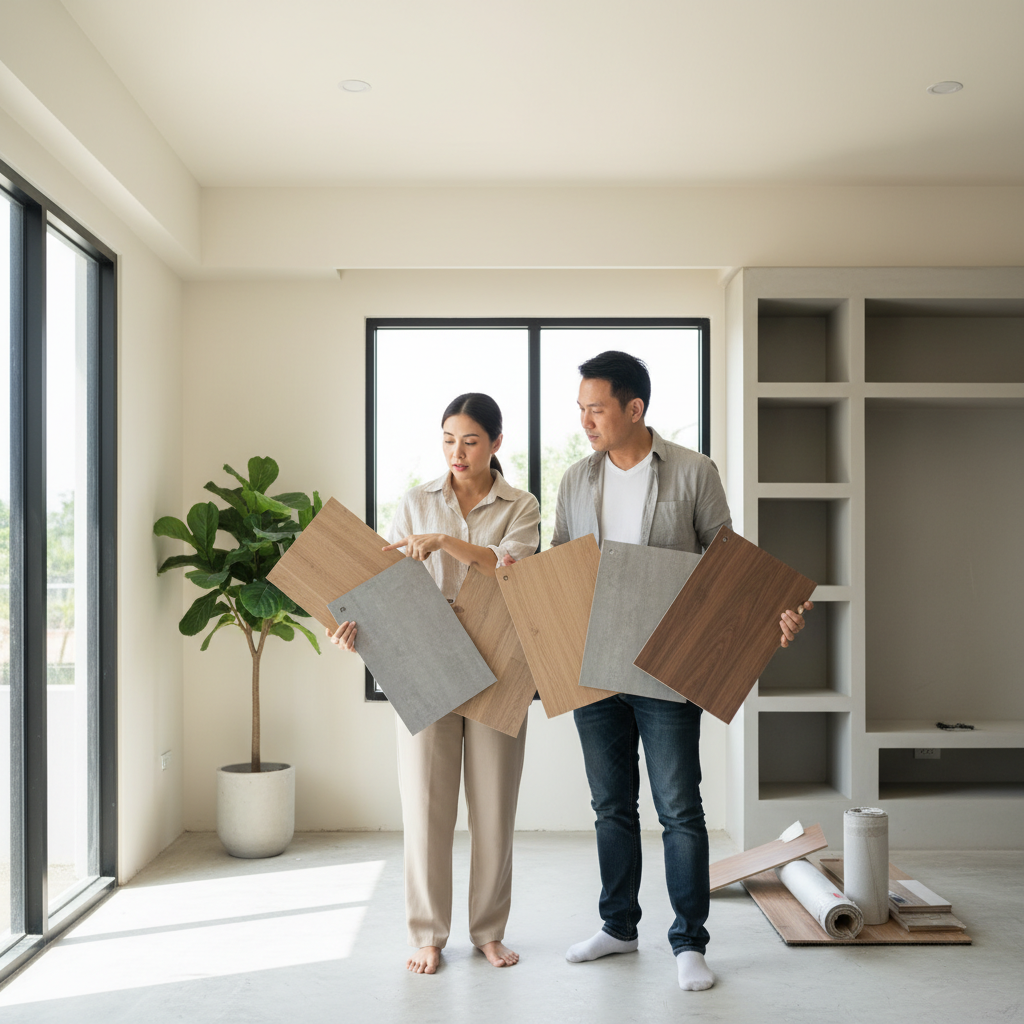 A modern Thai couple in their 30s standing in a newly renovated living room, looking at samples of SPC flooring with different patterns. They are discussing and making a decision. The room is bright with natural light. style: Photo Realistic (สมจริง)