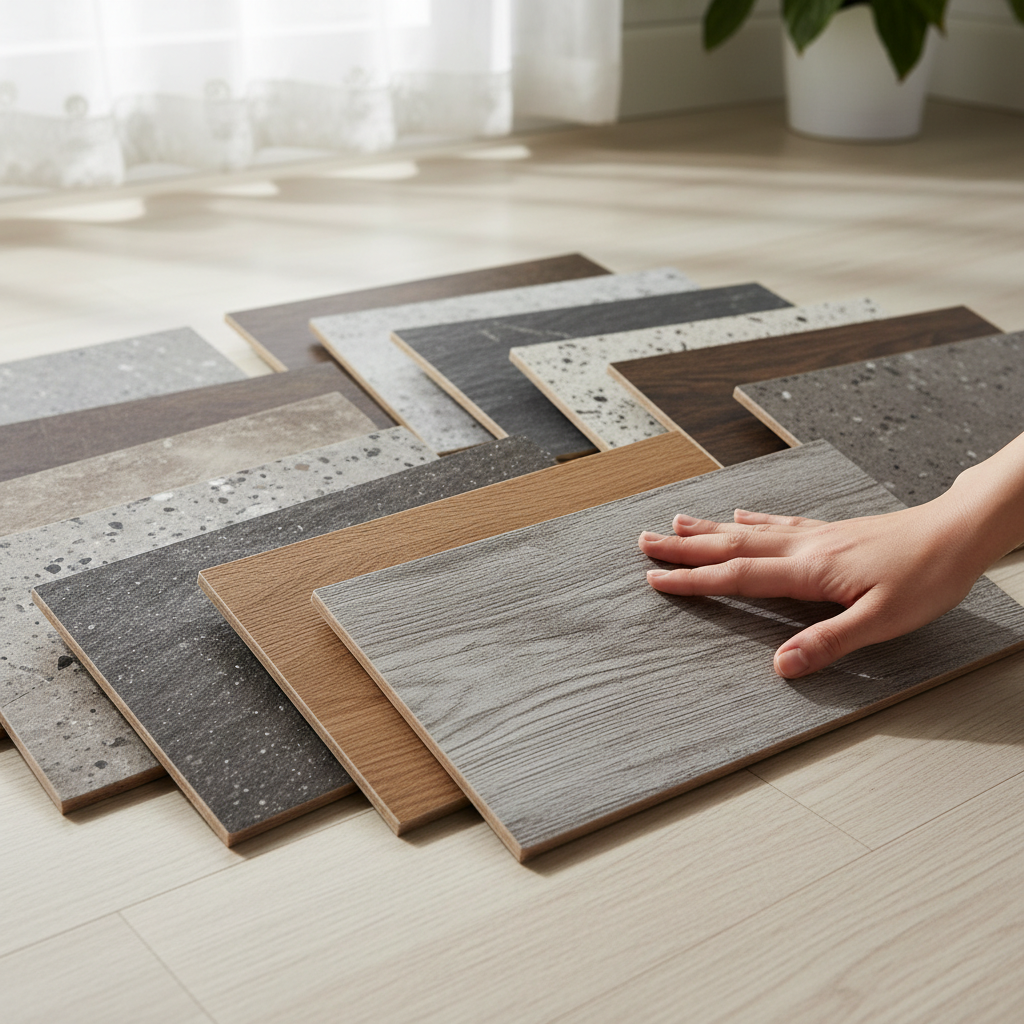 A close-up of multiple SPC flooring samples laid out, showcasing different wood grain patterns, stone textures, and matte finishes. A hand is gently touching one of the samples to feel the texture. Natural light. style: Photo Realistic (สมจริง)