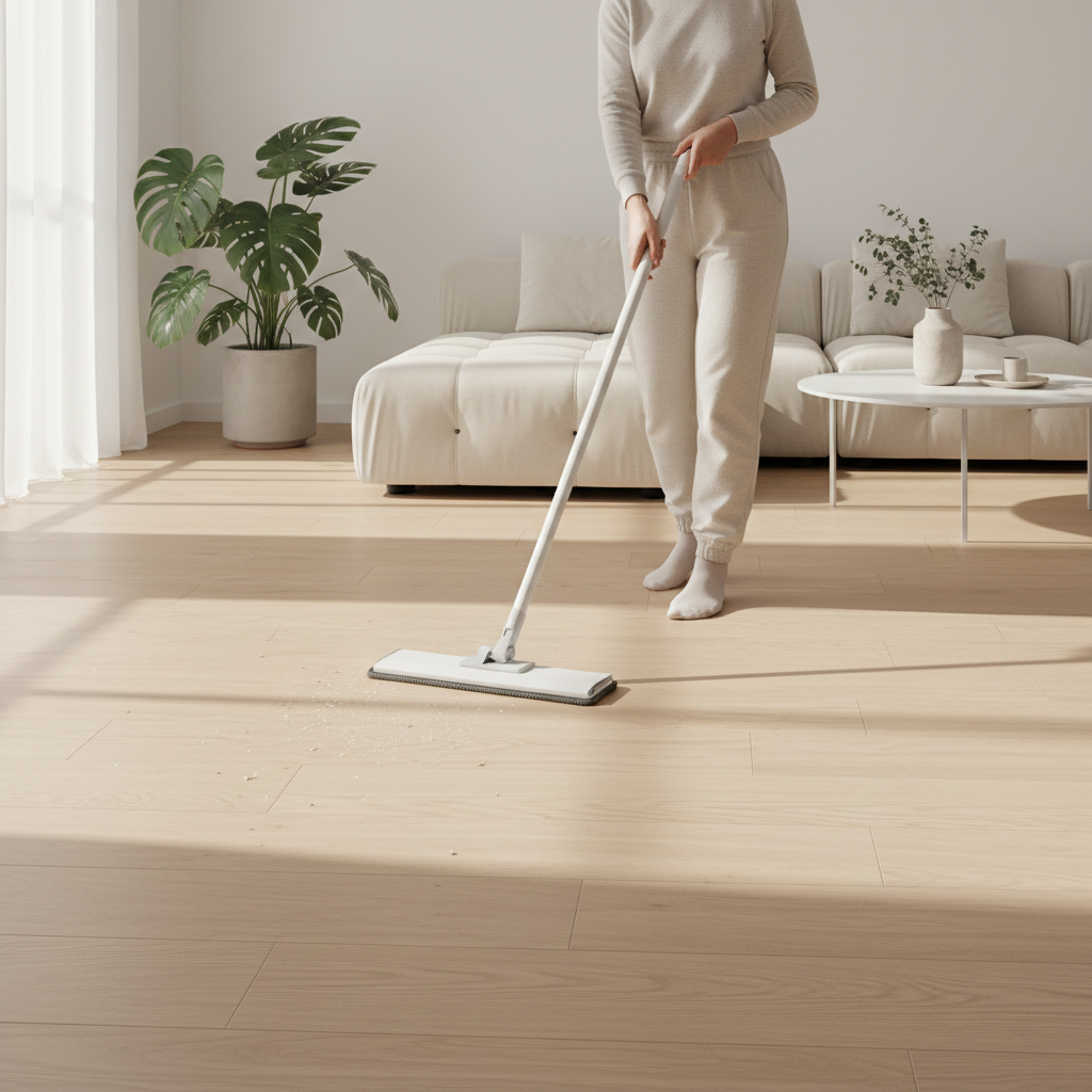 A clean, minimalist living room with SPC flooring in a light wood pattern. A person is easily sweeping the floor with a modern dry mop. Sunlight streams through a window. style: Photo Realistic (สมจริง)