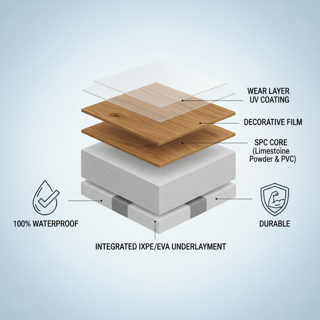 A detailed cross-section diagram of SPC (Stone Plastic Composite) flooring, clearly showing its distinct layers: Wear Layer, UV Coating, Decorative Film (wood pattern), SPC Core (dense composition of limestone powder and PVC), and an integrated IXPE/EVA Underlayment. The diagram should highlight its 100% waterproof and durable properties, with a clean, modern aesthetic. Style: Photo Realistic (สมจริง)