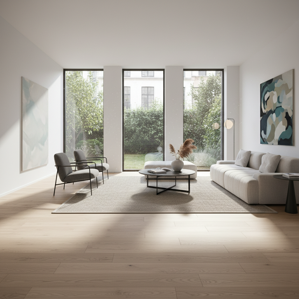 A stylish, modern living room with SPC flooring in a warm, light wood pattern. Sunlight streams through large windows, highlighting the clean, durable surface. Furniture is minimal and contemporary, emphasizing the spaciousness. Style: Photo Realistic (สมจริง)